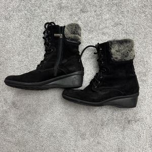 Aquatalia Suede Faux Fur Wedge Winte Boots Womens 8 Black Lace Up Side Zip Italy